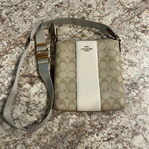 Coach Signature Crossbody Bag Khaki Ivory Canvas Leather Stripe Adjustable Strap
